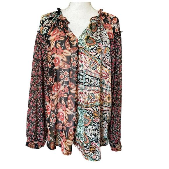 Umgee + Boho Floral Sheer Long Sleeve Blouse Size XL - Picture 1 of 4